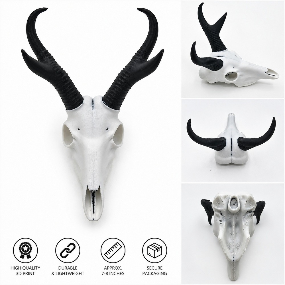 3D Printed Pronghorn Antelope Skull Replica Faux Taxidermy White Black 7.5 Inch